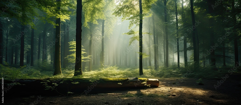 Aufkleber sunlight between trees in the forest. creative banner. copyspace image