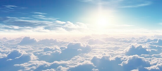 Fototapeta premium Sky and clouds with morning sunshine sky views and clouds outside the plane. Creative banner. Copyspace image