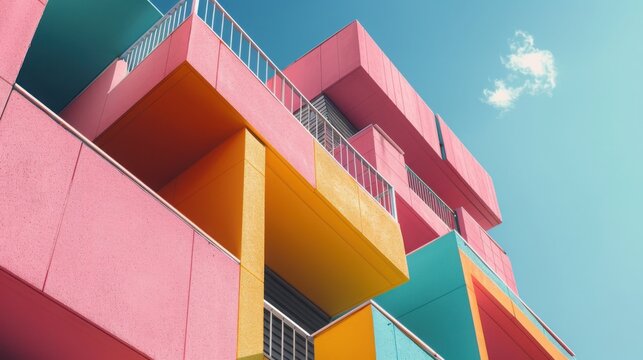 A colorful building with pink, yellow, and blue walls. The building has a balcony and a railing