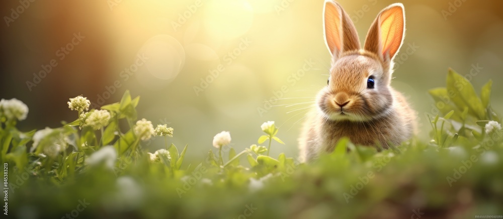 Poster Cute little rabbit on green grass with natural bokeh as background during spring Young adorable bunny playing in garden Lovely pet at park. Creative banner. Copyspace image