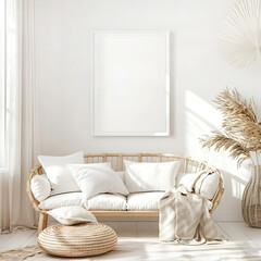 Naklejka premium Home interior mock-up with rattan furniture,