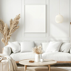 Frame mockup in the living room interior, scandinavian style, light sofa with cushions
