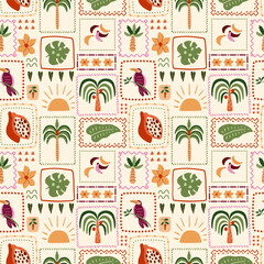 Tropical patchwork seamless pattern. Summer palm tree, bananas, leaves, toucan bird, fruit in square frame. Cute exotic print, hawaii background, wallpaper, floral geometric elements, checkered vector © Tani Kuzminka