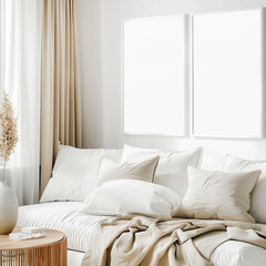 Frame mockup in the living room interior, scandinavian style, light sofa with cushions