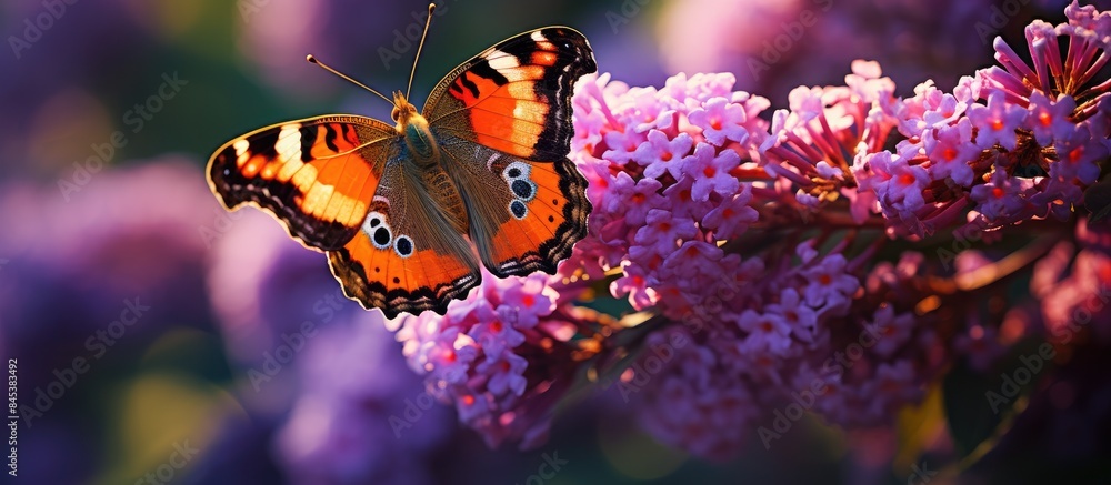 Sticker Buddleja davidii summer lilac butterfly bush or orange eye in the Pacific Northwest. Creative banner. Copyspace image