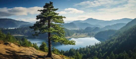 Pine on Mount amid forests and Lakes. Creative banner. Copyspace image