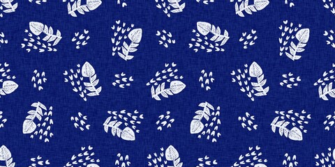 Indigo denim blue leaf motif seamless border. Japanese dye batik fabric style effect print banner swatch. 