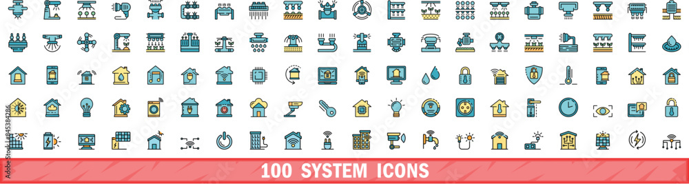 Poster 100 system icons set. color line set of system vector icons thin line color flat on white
