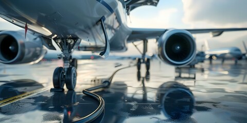 Ecofriendly aviation fuel production and refueling for sustainable aviation industry practices. Concept Sustainable Aviation, Ecofriendly Fuel, Aviation Industry, Fuel Production, Refueling Practices