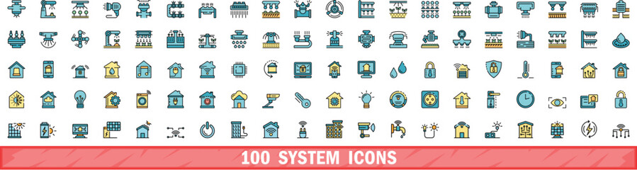 100 system icons set. Color line set of system vector icons thin line color flat on white