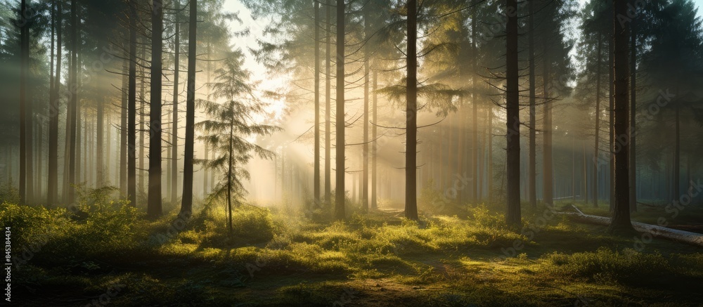 Poster sun dappling between pine trees. creative banner. copyspace image