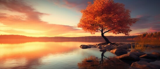 beautiful landscape in autumn with a big lake and a beautiful sunset. Creative banner. Copyspace image