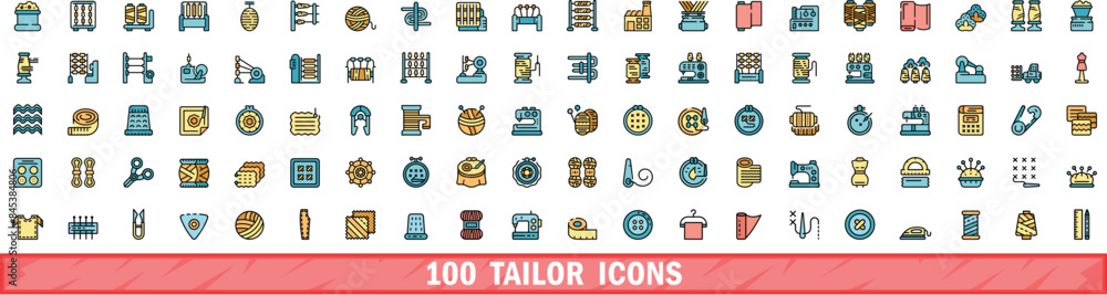 Poster 100 tailor icons set. color line set of tailor vector icons thin line color flat on white