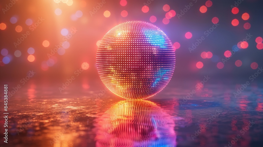 Poster a dazzling disco ball reflection on a wet surface with colorful bokeh background