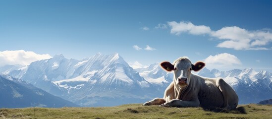 Resting cow with a mountain view. Creative banner. Copyspace image