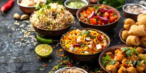 Obraz premium Vibrant Indian street food snacks like chaat bhel puri vada pav. Concept Indian Cuisine, Street Food, Chaat Recipes, Vada Pav, Bhel Puri