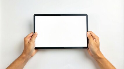 Two hands holding the tablet with a blank screen