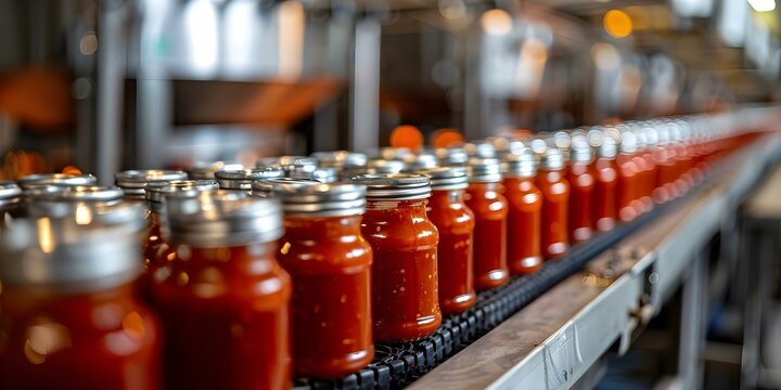 Efficient ketchup production line in classic factory boosts output and streamlines processes. Concept Food Manufacturing, Factory Efficiency, Production Line Optimization, Streamlining Processes