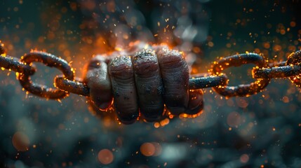 Close-up of rusted chain links exploding apart, representing breakage