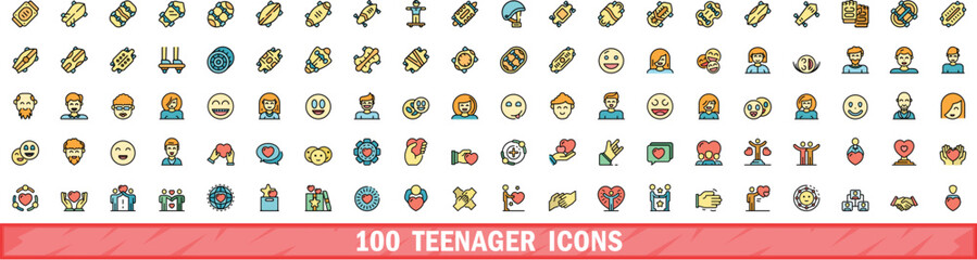 Fototapeta premium 100 teenager icons set. Color line set of teenager vector icons thin line color flat on white