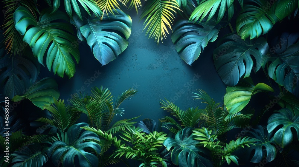 Poster a colorful frame of tropical foliage with empty central space for versatile use or messaging
