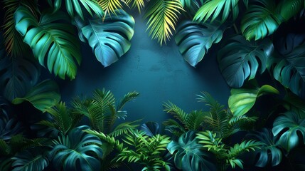 Fototapeta premium A colorful frame of tropical foliage with empty central space for versatile use or messaging