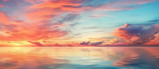 Fototapeta premium Image of sunset and cloudy sky and rough sea. Creative banner. Copyspace image