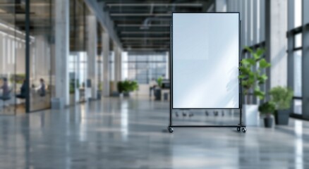 Innovative Product Showcase: Modern White Ad Board Mockup in Office Setting.White ad board mock up for product advertisement in office building.