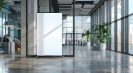 Innovative Product Showcase: Modern White Ad Board Mockup in Office Setting.White ad board mock up for product advertisement in office building.