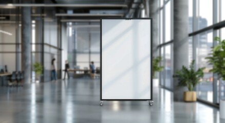 Innovative Product Showcase: Modern White Ad Board Mockup in Office Setting.White ad board mock up for product advertisement in office building.