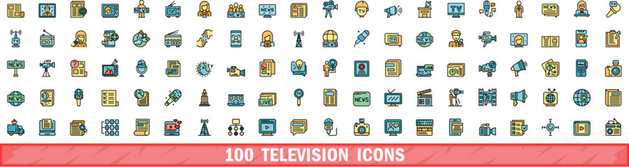 100 television icons set. Color line set of television vector icons thin line color flat on white