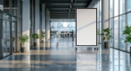 Innovative Product Showcase: Modern White Ad Board Mockup in Office Setting.White ad board mock up for product advertisement in office building.