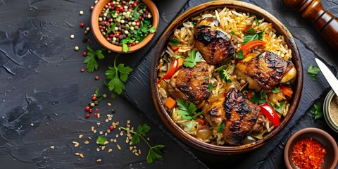 Chicken Kabsa is a flavorful Arabian dish with rice veggies and spices. Concept Arabian Cuisine, Chicken Kabsa, Rice Dishes, Spices, Flavorful Meals