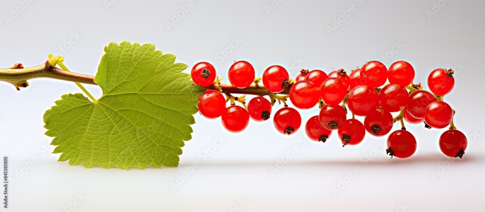 Poster juicy ripe red currant lonely hovering on a sprig. creative banner. copyspace image