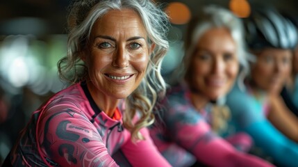 Fototapeta premium An athletic woman dressed in vibrant pink cycling gear smiles during a cycling event with her team