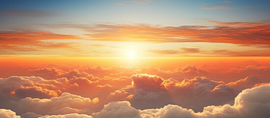 Orange sunset Sun rising over cloudscape sky aerial view. Creative banner. Copyspace image