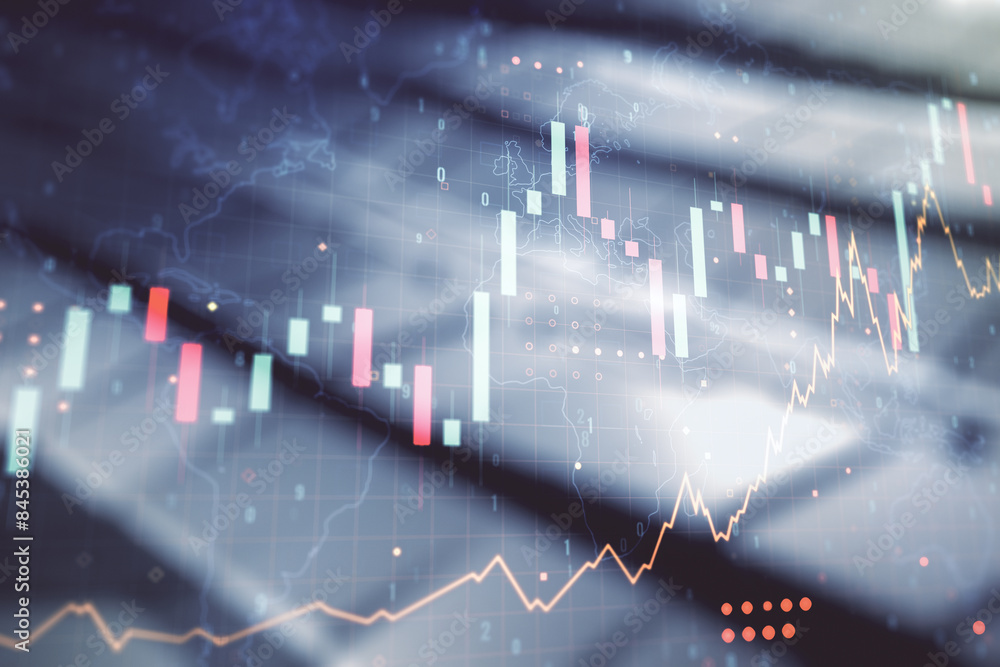 Poster abstract creative financial graph interface and world map on blurry abstract metal background, forex