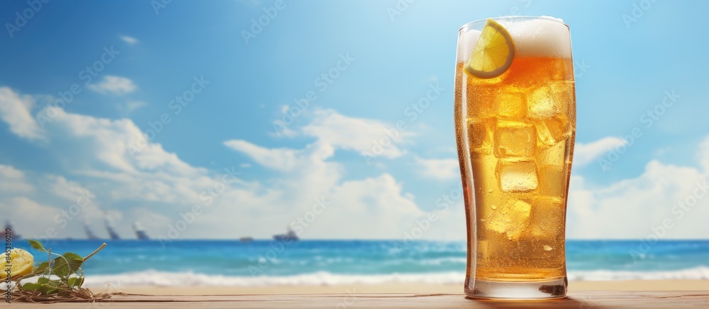 Poster enjoying a mug of beer during summer time. creative banner. copyspace image
