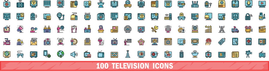 100 television icons set. Color line set of television vector icons thin line color flat on white