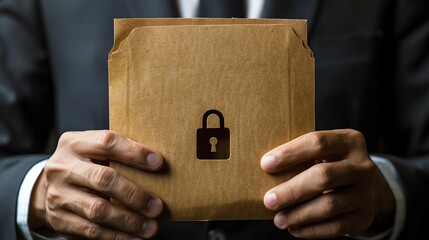 Businessman Holding a Secure File Folder A businessman holding a file folder with a padlock symbol