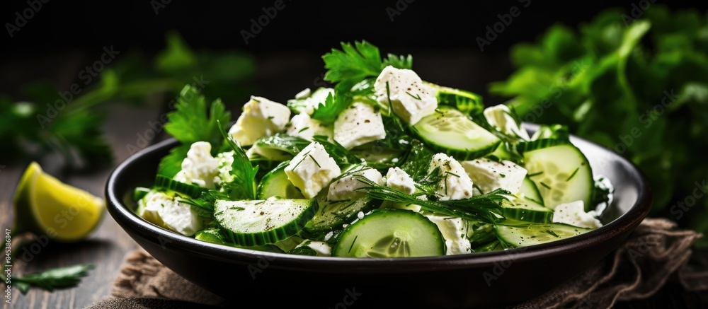 Poster Homemade Cucumber Shepards Salad with Feta and Parsley. Creative banner. Copyspace image