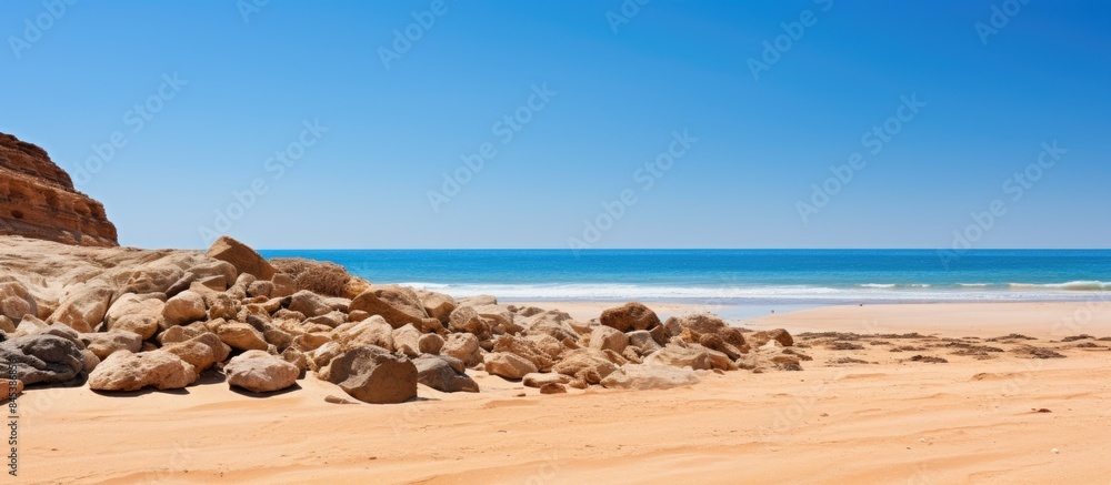 Poster view of brown rocks on the beach with a beach and blue sky. creative banner. copyspace image