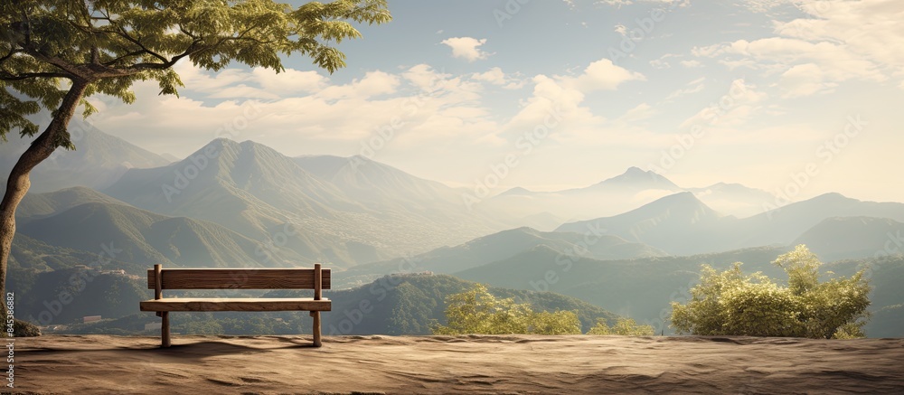 Poster a bench with a table under a tree against the background of mountains. creative banner. copyspace im
