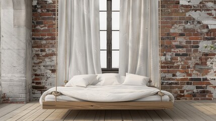 a white hanging bed with a rope and wooden frame, draped in white linen sheets, set against an old brick wall with a window behind.