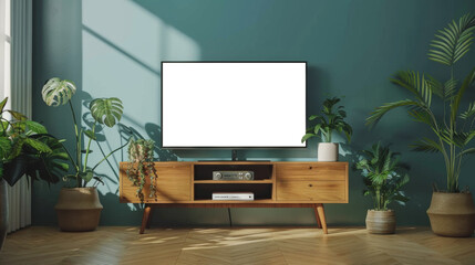 Modern Living Room Interior Design with TV Stand and Plants.