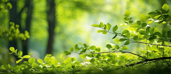 Obraz premium Fresh green leaves in spring forest. Creative banner. Copyspace image