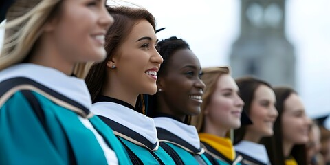 Diverse graduates in gowns standing in line near tower in daylight. Concept Graduation Photos, Multicultural Students, Formal Attire, Academic Achievements, Campus Landmark