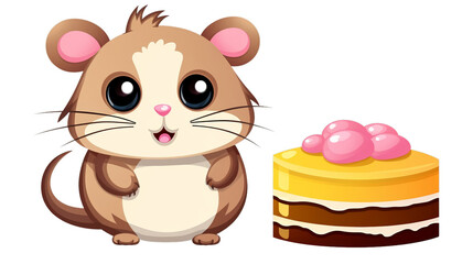 Cute cartoon hamster with big eyes standing next to a slice of layered cake topped with pink frosting. Adorable and playful illustration.