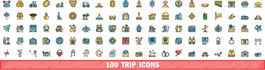 100 trip icons set. Color line set of trip vector icons thin line color flat on white