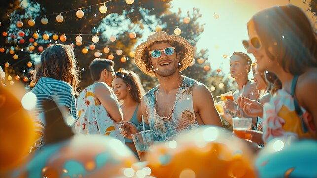 Young Adults Enjoying a Vibrant Summer Party with String Lights and Drinks